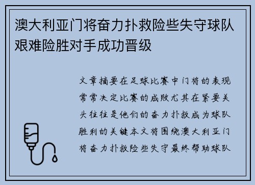 澳大利亚门将奋力扑救险些失守球队艰难险胜对手成功晋级