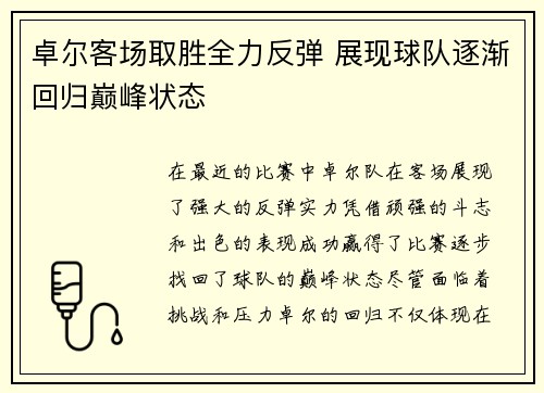 卓尔客场取胜全力反弹 展现球队逐渐回归巅峰状态