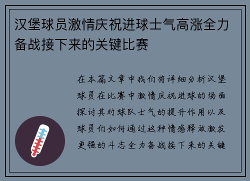 汉堡球员激情庆祝进球士气高涨全力备战接下来的关键比赛